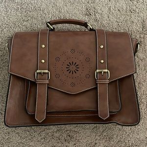 Brown faux leather messenger laptop bag